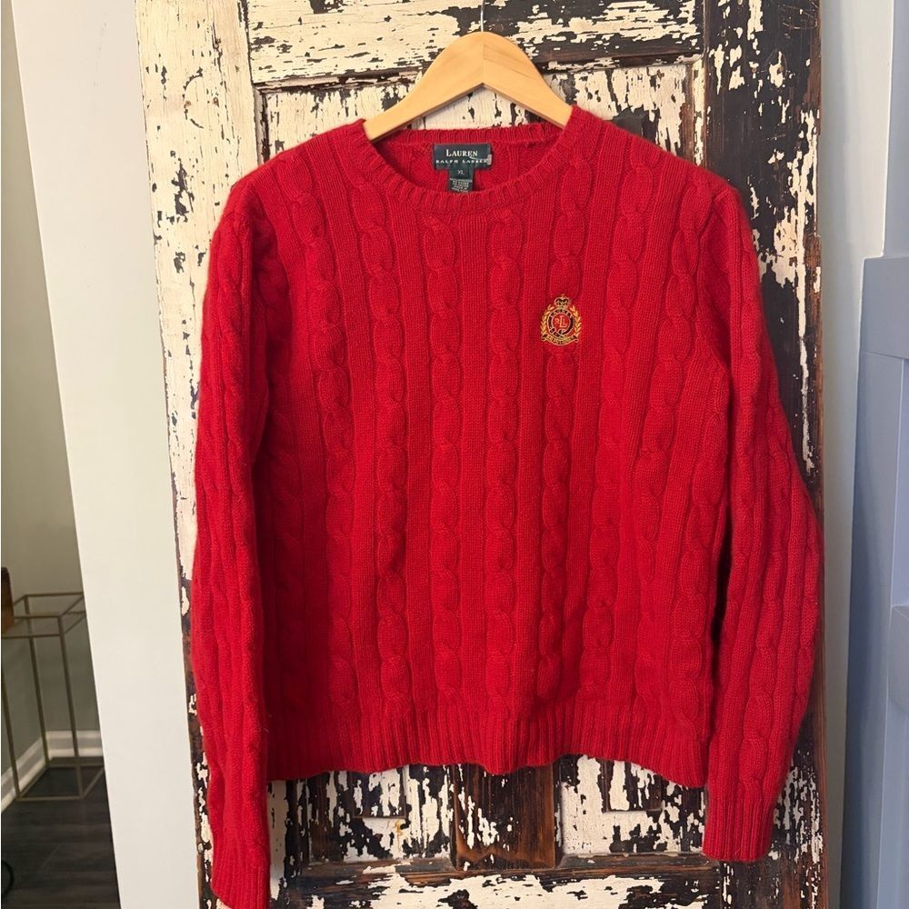 Ralph Lauren Vibrant Red Cable Knit wool Sweater w crest. XL.